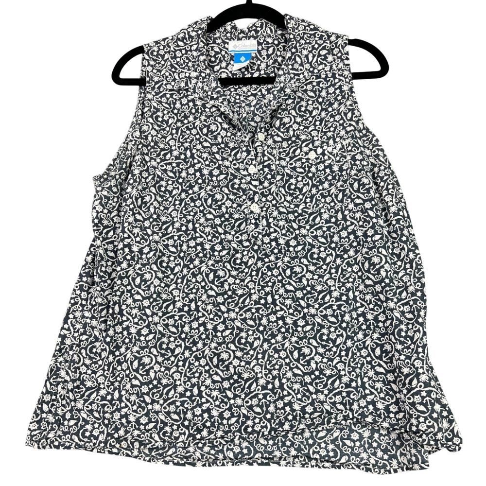 Columbia PFG Fishing Shirt Womens XL Navy Blue White Anchor Print Sleeveless Exc